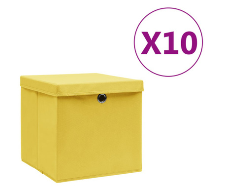 Cutii de depozitare cu capac, 10 buc., galben, 28x28x28 cm