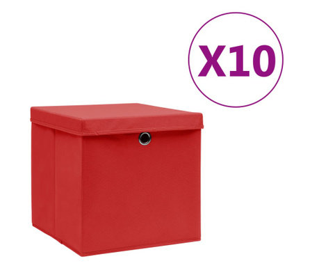 Cutii de depozitare cu capac, 10 buc., rosu, 28x28x28 cm