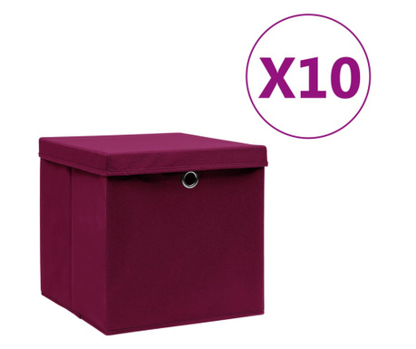 Cutii de depozitare cu capac, 10 buc., rosu inchis, 28x28x28cm