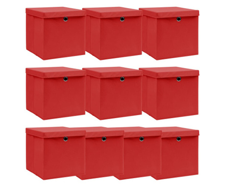 Cutii depozitare cu capace, 10 buc., rosu, 32x32x32 cm, textil