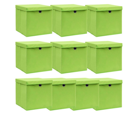 Úložné boxy s víky 10 ks zelené 32 x 32 x 32 cm textil