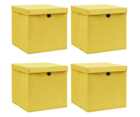 Кутии за съхранение с капаци, 4 бр, жълти, 32x32x32 см, текстил