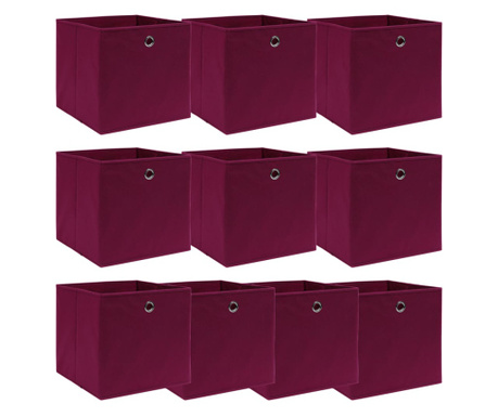 Cutii depozitare, 10 buc., rosu inchis, 32x32x32 cm, textil