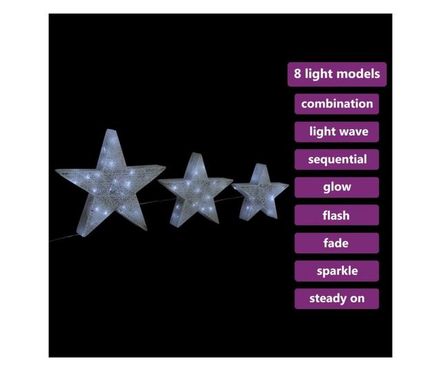 Božićna dekoracija Zvijezde 3 kom. Bijela Mreža & LED Vanjska/Unutarnja