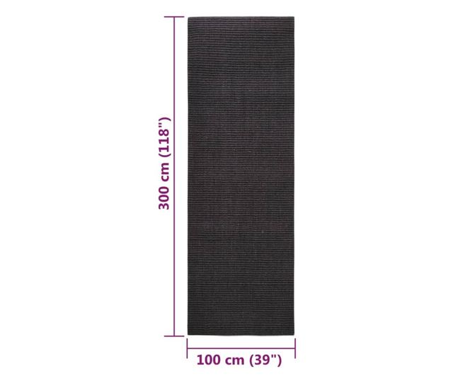 Covor din sisal natural, negru, 100x300 cm