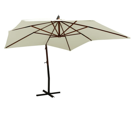 Висящ чадър с дървен стълб, 300 см, пясъчнобял