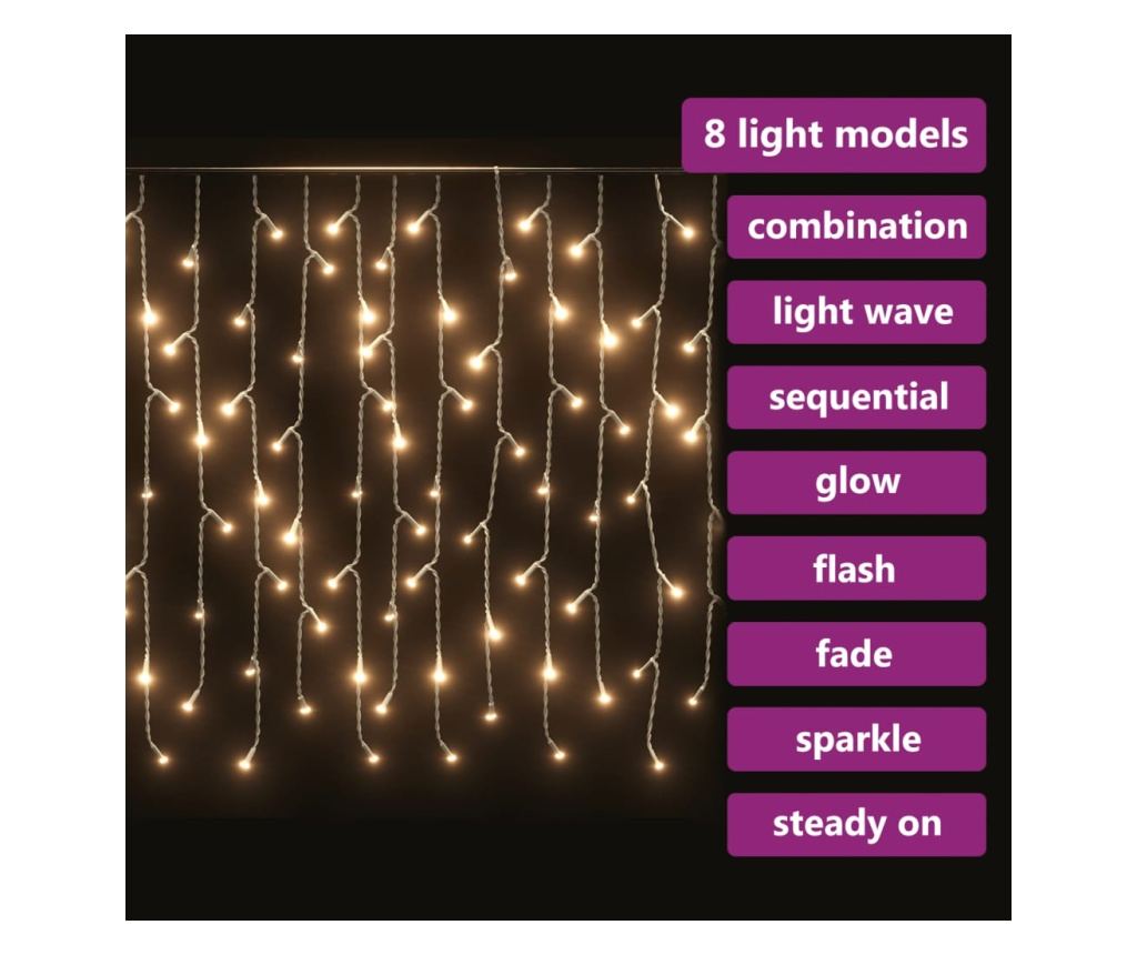 Ledene lampice za zavjese 400 Toplo bijelih LED dioda 10 m 8 funkcija - 5