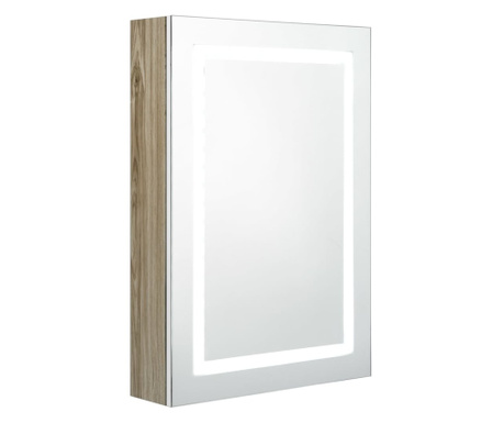 Dulap de baie cu oglinda si LED, alb si stejar, 50x13x70 cm