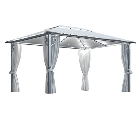 Pavilion cu perdele & șiruri lumini, crem, 400x300 cm, aluminiu