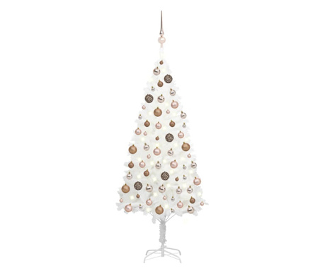 fehér műkarácsonyfa LED-ekkel és gömbszettel 180 cm
