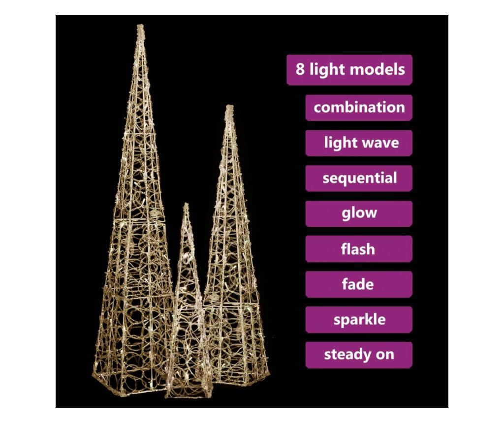 Set ukrasnih čunjeva s LED-ima, toplo bijelo, 60/90/120 cm, akril - 4