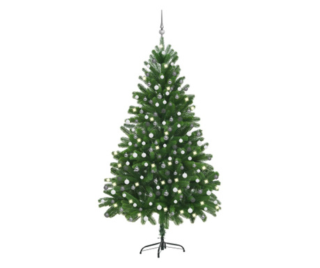 zöld fél műkarácsonyfa LED-ekkel és gömbszettel 210 cm