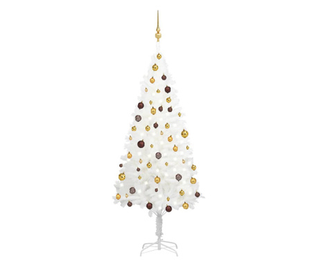 fehér műkarácsonyfa LED-ekkel és gömbszettel 180 cm