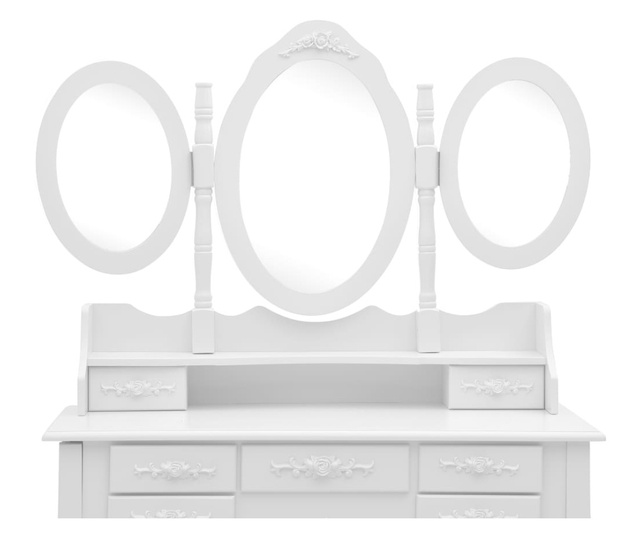 Masă de toaletă cu taburet și oglindă triptic, alb