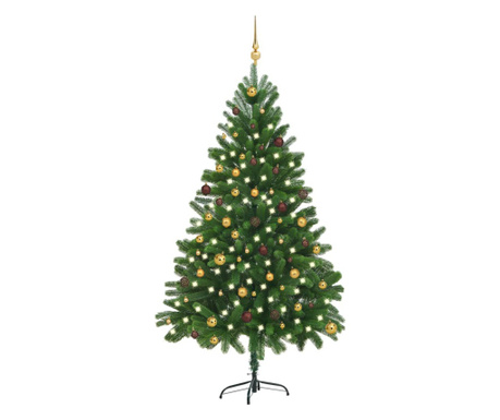 zöld műkarácsonyfa LED-ekkel és gömbszettel 210 cm
