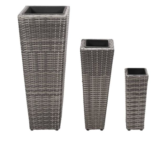 Повдигнати градински лехи, 3 бр., Сиви, Поли ратан