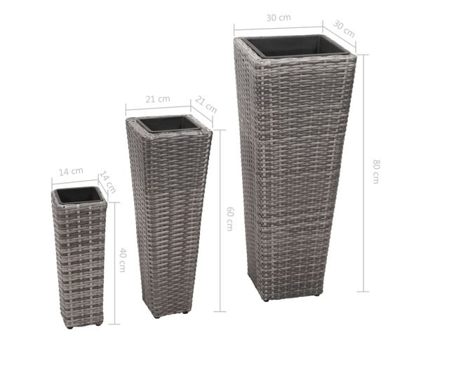 Повдигнати градински лехи, 3 бр., Сиви, Поли ратан