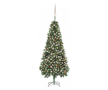 műkarácsonyfa LED-ekkel, gömbökkel és tobozokkal 210 cm