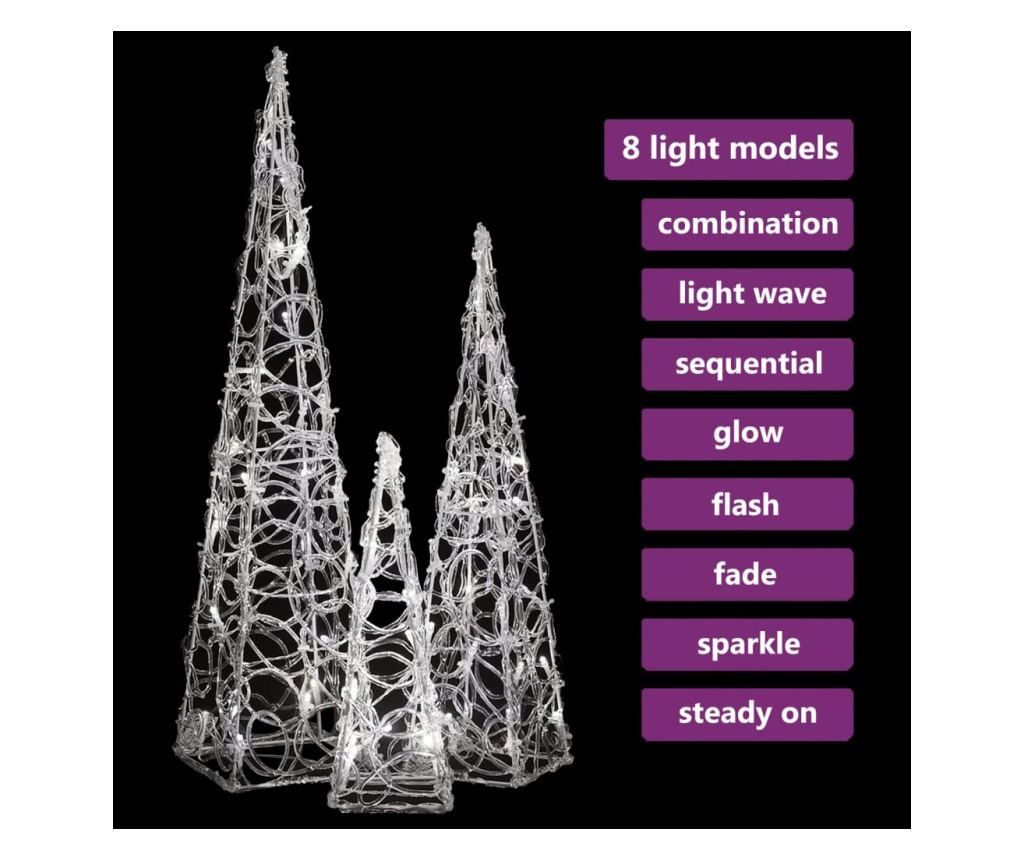 Set ukrasnih čunjeva s LED svjetlima, hladno bijela, 30/45/60 cm, akril - 3