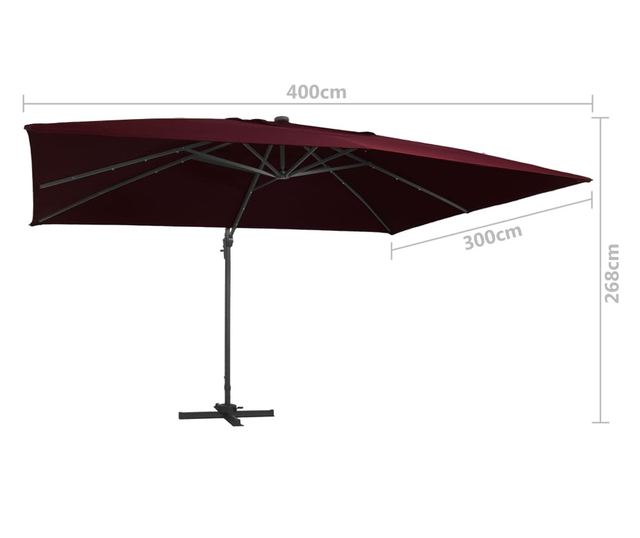 Konzolni suncobran s LED svjetlima 400 x 300 cm bordo