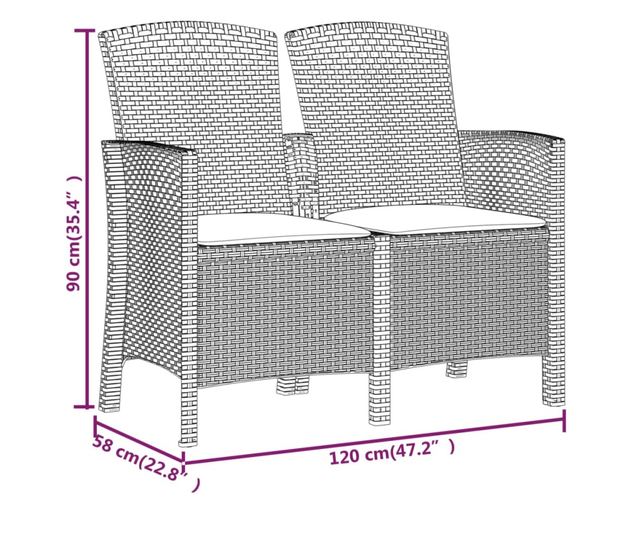 2-személyes barna PP-rattan kerti pad párnákkal
