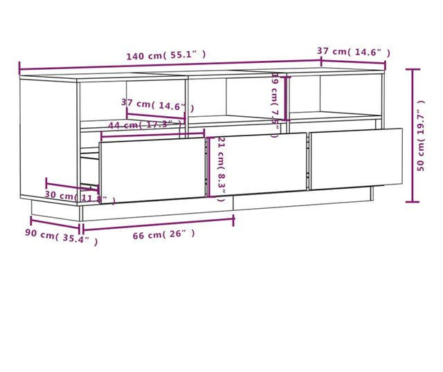 TV komoda, bijela, 140x37x50 cm, masivno borovo drvo