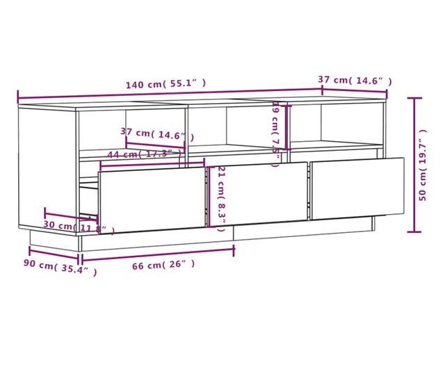TV komoda, crna, 140x37x50 cm, masivno borovo drvo