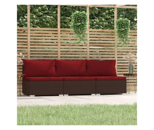3-személyes barna polyrattan kanapé párnákkal