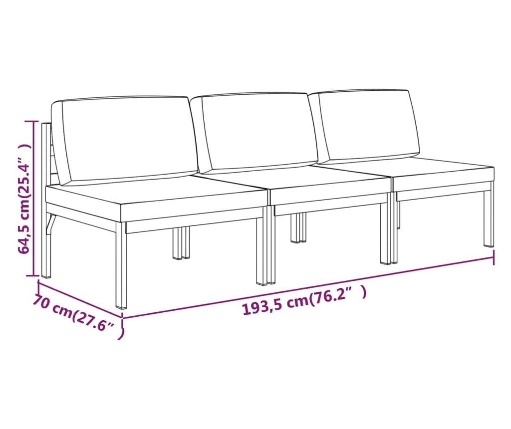 Градински диван за трима души с възглавници, антрацит, алуминий - 7