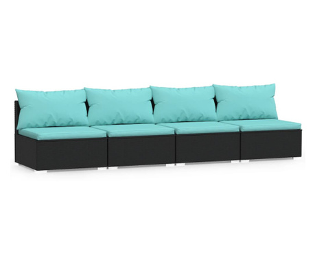 fekete négyszemélyes polyrattan kanapé párnákkal