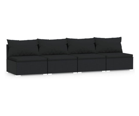 Canapea cu 4 locuri, cu perne, negru, poliratan
