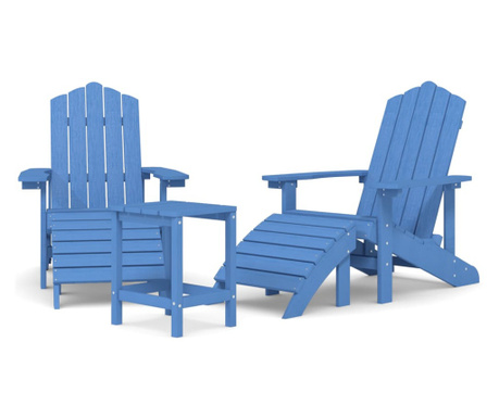 Градински столове "Адирондак" с табуретка и масичка, HDPE, сини