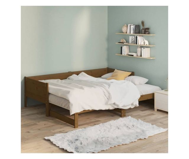 Pat extensibil de zi, maro miere, 2x(90x190) cm, lemn masiv pin
