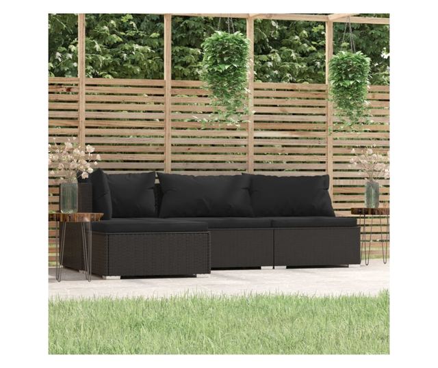 4 részes fekete polyrattan kerti ülőgarnitúra párnákkal
