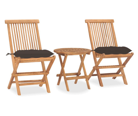 Set mobilier de exterior pliabil, cu perne, 3 piese, lemn masiv tec