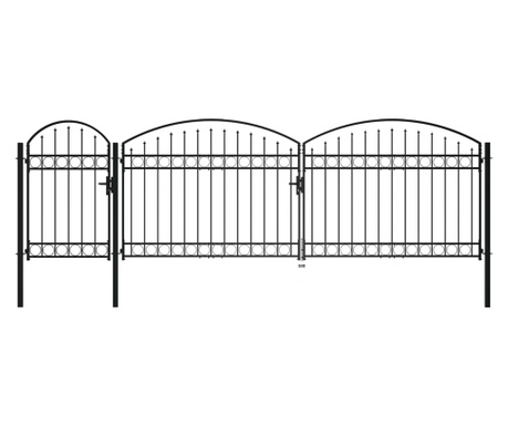 ívelt tetejű fekete acél kerítéskapu 1,75 x 5 m
