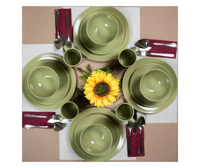 Set Complet Serviciu De Masa, Sage, 16 piese, Cesiro, Verde Salvie Mat cu puncte negre