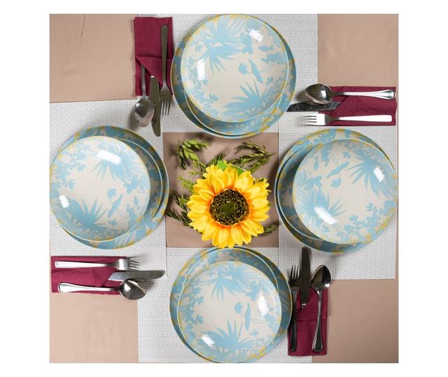 Set Complet Serviciu De Masa, Hawaii, 12 piese, Cesiro, Ivory cu frunze albastru deschis