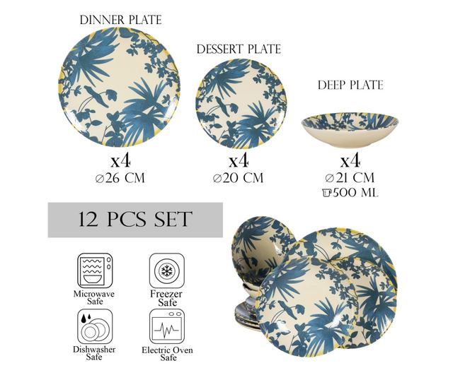 Set Complet Serviciu De Masa, Hawaii, 12 piese, Cesiro, Alb ivoire cu frunze albastru inchis