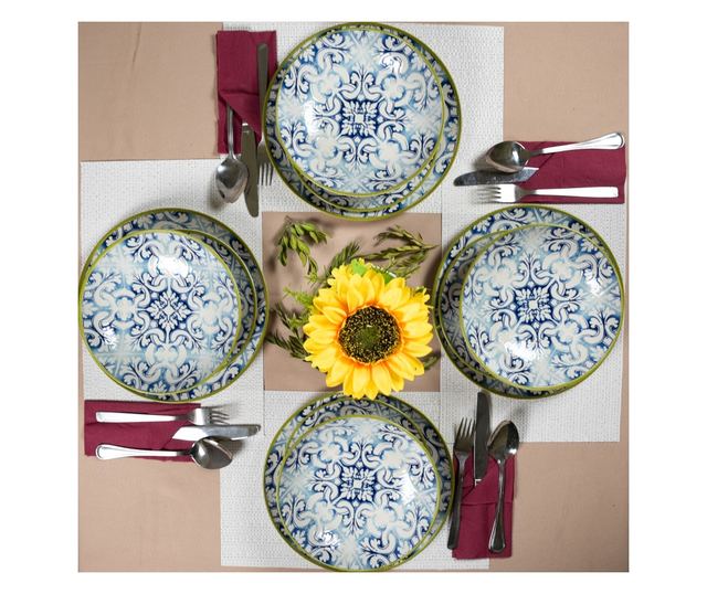 Set Complet Serviciu De Masa, Marocco, 12 piese, Cesiro, Alb Ivoire cu albastru