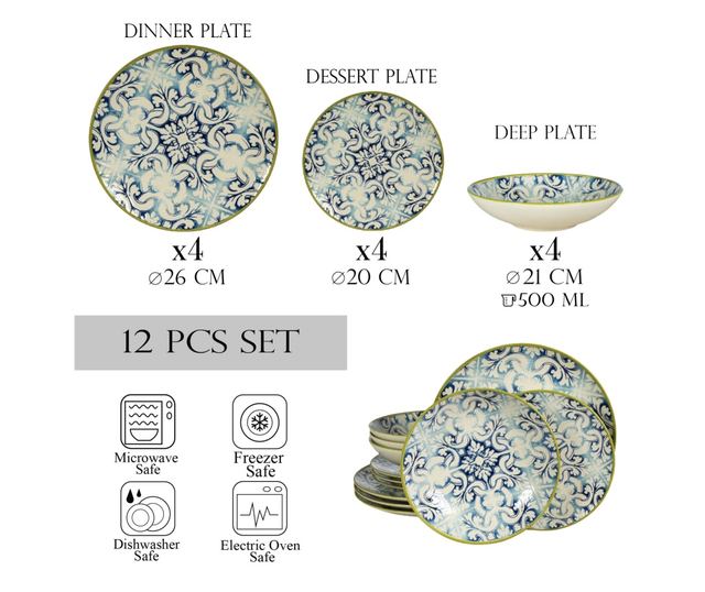 Set Complet Serviciu De Masa, Marocco, 12 piese, Cesiro, Alb Ivoire cu albastru