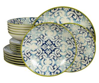 Set Complet Serviciu De Masa, Marocco, 18 piese, Cesiro, Alb Ivoire cu albastru
