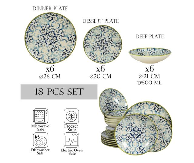 Set Complet Serviciu De Masa, Marocco, 18 piese, Cesiro, Alb Ivoire cu albastru