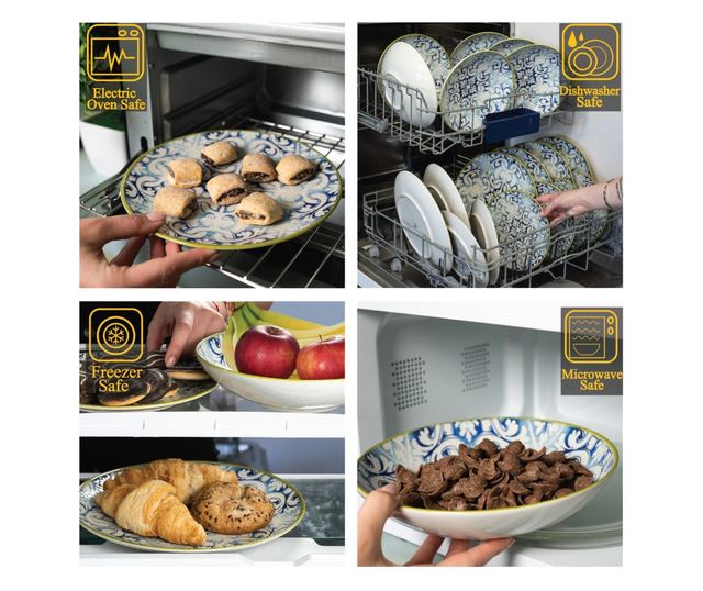 Set Complet Serviciu De Masa, Marocco, 18 piese, Cesiro, Alb Ivoire cu albastru