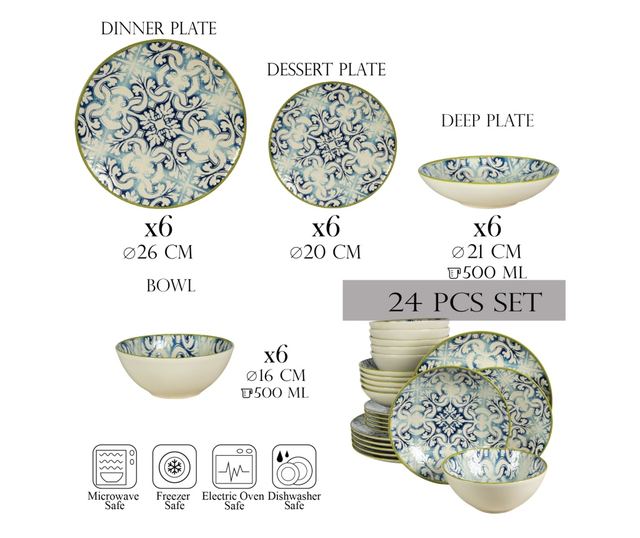 Set Complet Serviciu De Masa, Marocco, 24 piese, Cesiro, Alb ivoire cu albastru