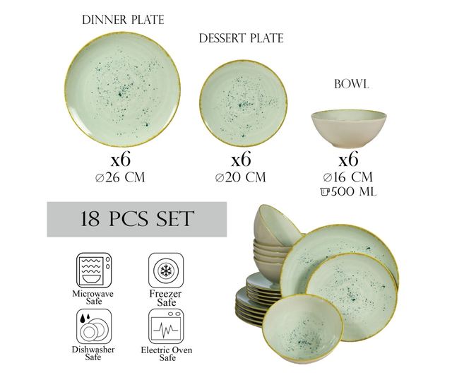 Set Complet Serviciu De Masa, Light Pistachio, 18 piese, Cesiro, Verde Pastel Lucios