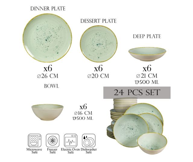 Set Complet Serviciu De Masa, Light Pistachio, 24 piese, Cesiro, Verde Pastel