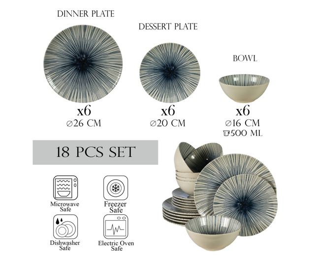 Set Complet Serviciu De Masa, MoonLight, 18 piese, Cesiro, Alb Ivoire Lucios cu linii albastre