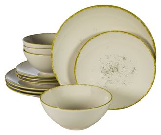 Set Complet Serviciu De Masa, Ivory Stone, 12 piese, Cesiro, Alb Ivoire Lucios cu margine aurie