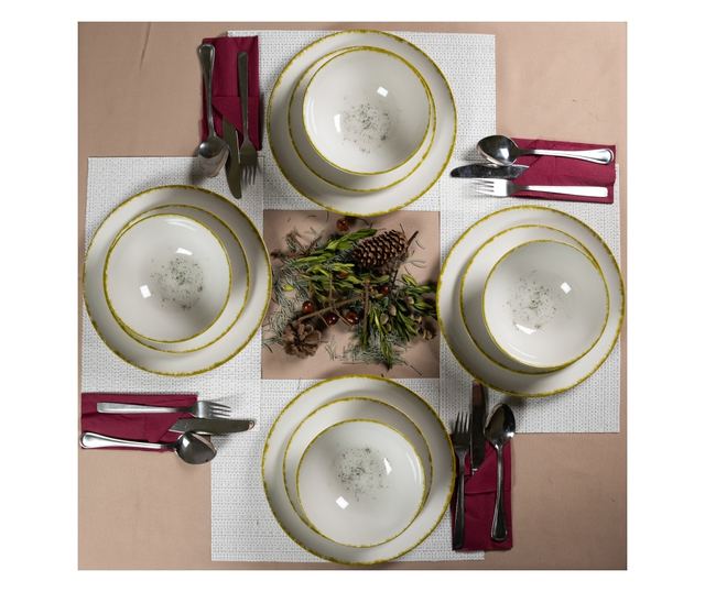 Set Complet Serviciu De Masa, Ivory Stone, 12 piese, Cesiro, Alb Ivoire Lucios cu margine aurie